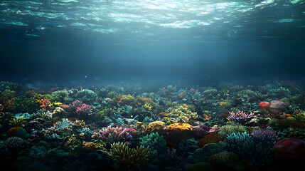Naklejka premium Underwater Coral Reef With Sunlight Penetrating Through The Blue Ocean Water