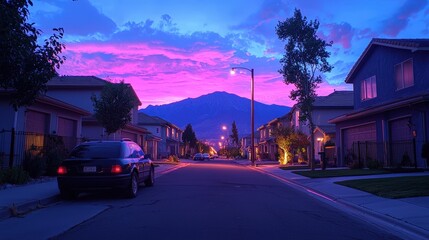 Fototapeta premium Dusk settles over quiet neighborhood street; mountains visible against a bright sky