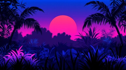 Pixelated tropic landscape glowing sunset behind tropical palm silhouettes at dusk idyllic exotic island vacation vibes background