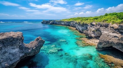 Obraz premium a scenic coastal trail in Japan, with views of rugged cliffs and turquoise seas, perfect for exploration