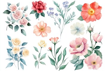 Watercolor floral collection with roses, wildflowers, and greenery.