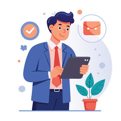 Man holding and using digital tablet computer. Tablet computer concept illustration. Vector illustration in cartoon style.