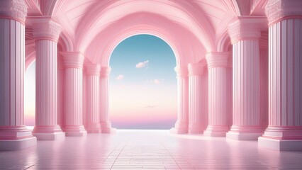 Fototapeta premium Go to Page |12345...34Next a grand architectural scene with classical-style columns and arches bathed in a soft pink hue. 