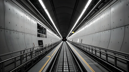 Perspective View of Train Tunnel Interior with Light and Shadow on Metallic Tracks