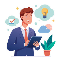 Man holding and using digital tablet computer. Tablet computer concept illustration. Vector illustration in cartoon style.