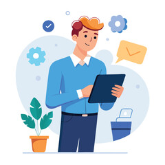 Man holding and using digital tablet computer. Tablet computer concept illustration. Vector illustration in cartoon style.