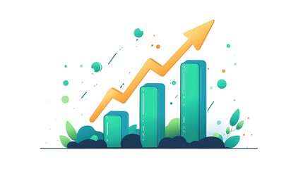Green Growth and Progress in Nature, A green arrow graph rising from lush green plants, symbolizing growth and progress in nature