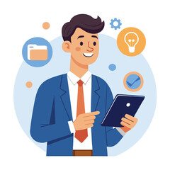 Man holding and using digital tablet computer. Tablet computer concept illustration. Vector illustration in cartoon style.