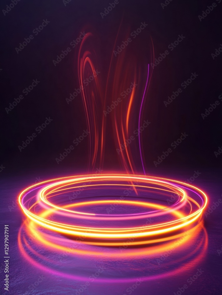 Poster Colorful light trails swirl above a circular base in a dimly lit setting during a creative light art display. Generative AI