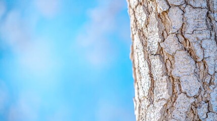 Fototapeta premium Textured tree bark stands out against a soft blue sky background during daytime.