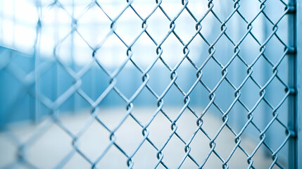 Fototapeta premium Blue Chain Link Fence Detail With Selective Focus in an Industrial Setting