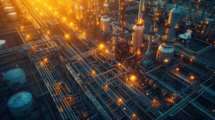 Aerial view of illuminated oil refinery at night, complex network of pipes and towers.