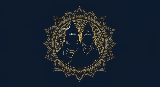Intricate silhouette of shiva parvati within a mandala design, set against a deep blue background - shiv parvati