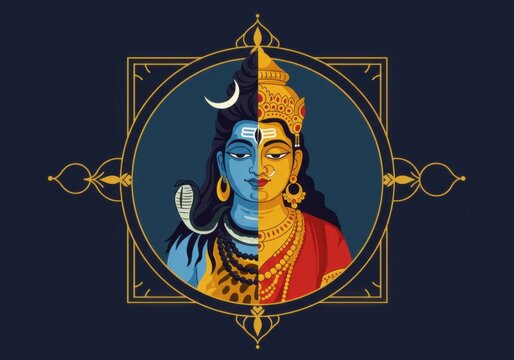 Artistic representation of the divine figures Shiva and Parvati, showcasing their duality in vibrant colors - shiv parvati