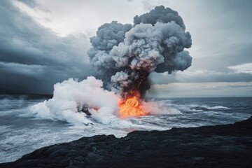 Fototapeta premium A volcanic eruption following an earthquake, when tectonic movements cause lava to erupt. 