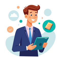 Man holding and using digital tablet computer. Tablet computer concept illustration. Vector illustration in cartoon style.