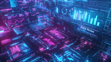Obraz premium Futuristic digital landscape with glowing holographic charts bar graphs and numerical projections visualizing data trends and analytics 