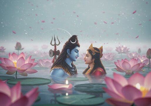 Divine encounter between shiva parvati in tranquil lotus pond, surrounded by blooming flowers and soft mist - shiv parvati
