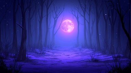 Fototapeta premium Eerie night forest path with glowing moon and fireflies digital background with moody dark and blue light mysterious halloween landscape art