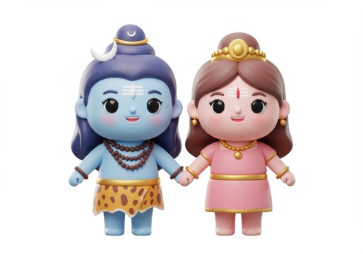 Colorful cartoon characters of shiva parvati holding hands, set against a plain white background - shiv parvati
