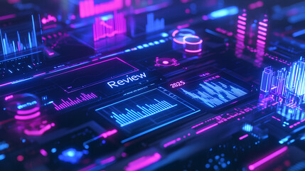 Fototapeta premium Futuristic digital landscape with glowing holographic charts bar graphs and numerical projections visualizing data trends and analytics 