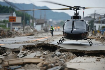 Destroyed roads and bridges after the earthquake, with rescue helicopter pilots searching for victims. 