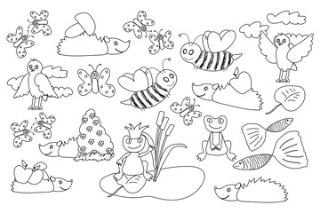 Black and white coloring page featuring hedgehogs, birds, butterflies, bees, frogs, fish, and plants in a fun nature scene.