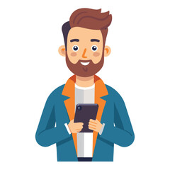 Man holding and using digital tablet computer. Tablet computer concept illustration. Vector illustration in cartoon style.