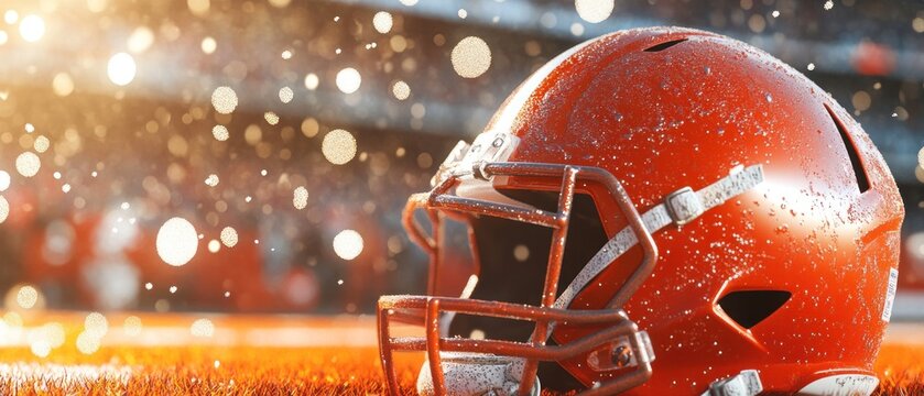Orange Football Helmet Covered in Raindrops