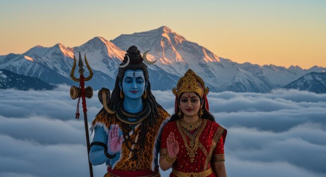 Majestic deities standing against a stunning mountain backdrop at sunrise, symbolizing harmony - shiv parvati