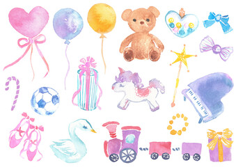 水彩風のかわいいベビー向けイラストセット　おもちゃ・プレゼント・風船