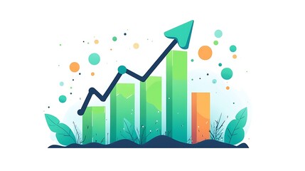Green Growth and Progress in Nature, A green arrow graph rising from lush green plants, symbolizing growth and progress in nature
