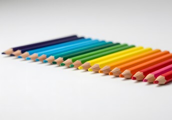 Colorful Pencils Arranged in Rainbow Spectrum on White Background Art Supplies