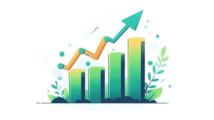 Green Growth and Progress in Nature, A green arrow graph rising from lush green plants, symbolizing growth and progress in nature