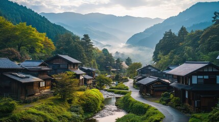 a serene Japanese village nestled in a valley, with a meandering stream and dramatic mountain views