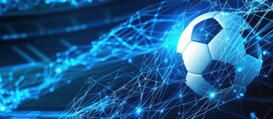 Fototapeta premium Soccer ball with digital technology network on neon color background. AI generated image