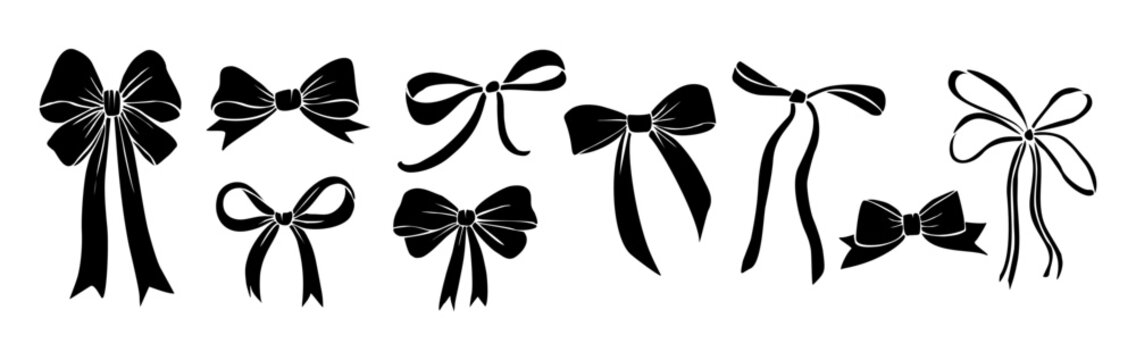 Black Monochrome decorative ribbon bows set. Holiday sign collection. Ribbon symbol, accessory logo, cut files. Vector outline illustrations isolated on transparent background.	