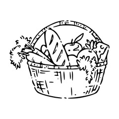 sketch of a basket of vegetables and food