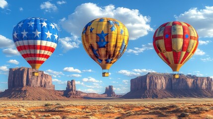 Obraz premium Scenic hot air balloons floating over vast desert landscape under a sunny sky adventure travel and freedom visual representation