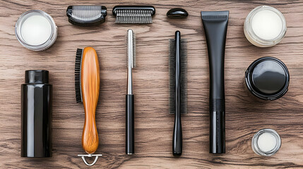 Collection Of Black And Brown Grooming And Hair Care Accessories Displayed On Textured Wooden Surface