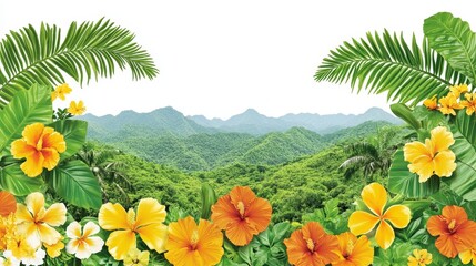 Fototapeta premium Tropical island floral paradise backdrop with hibiscus blossoms and rainforest vegetation scenery summer vacation design or decorative element