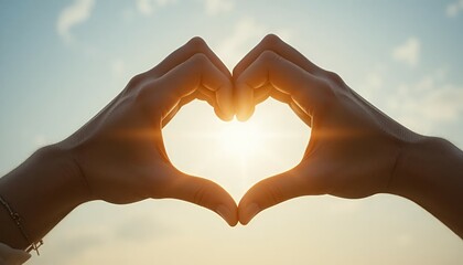 Female hands heart shape on nature bokeh sun light flare and blur leaf abstract background.