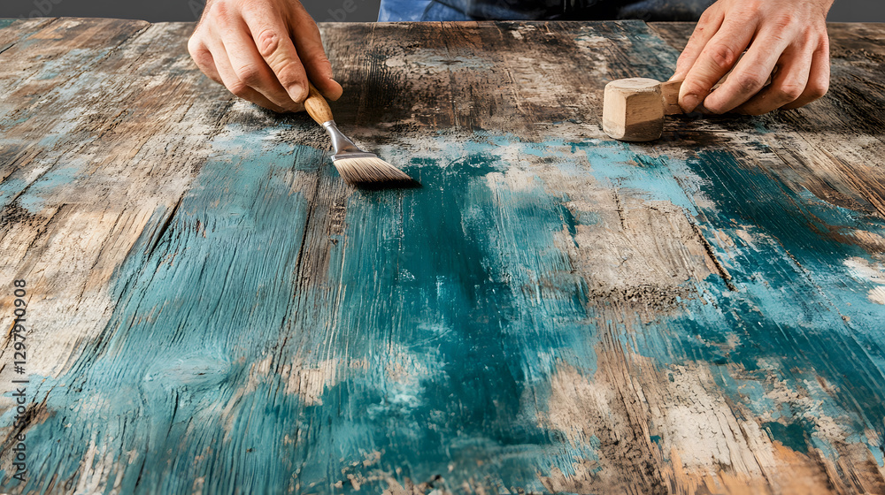 Poster hands working on a textured wooden surface with tools and paint