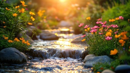 Naklejka premium Vibrant Spring Garden with Blooming Flowers and River