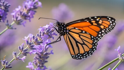 Fototapeta premium Monarch Butterfly on Lavender: A vibrant monarch butterfly delicately perched on a sprig of lavender, its orange and black wings contrasting beautifully against the soft purple blossoms.
