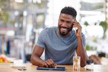 Cafe, black man and smile with phone call for communication, thinking and ux developer for remote...