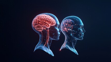 Brain Activity Two head profiles with neural networks, glowing on dark blue