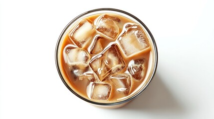 A glass of iced tea with ice cubes in it