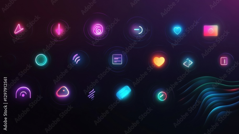 Poster Collection of colorful neon icons displayed on a dark background showcasing various symbols of technology and communication. Generative AI