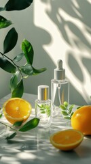 Natural skincare products amidst fresh oranges sunny leaves